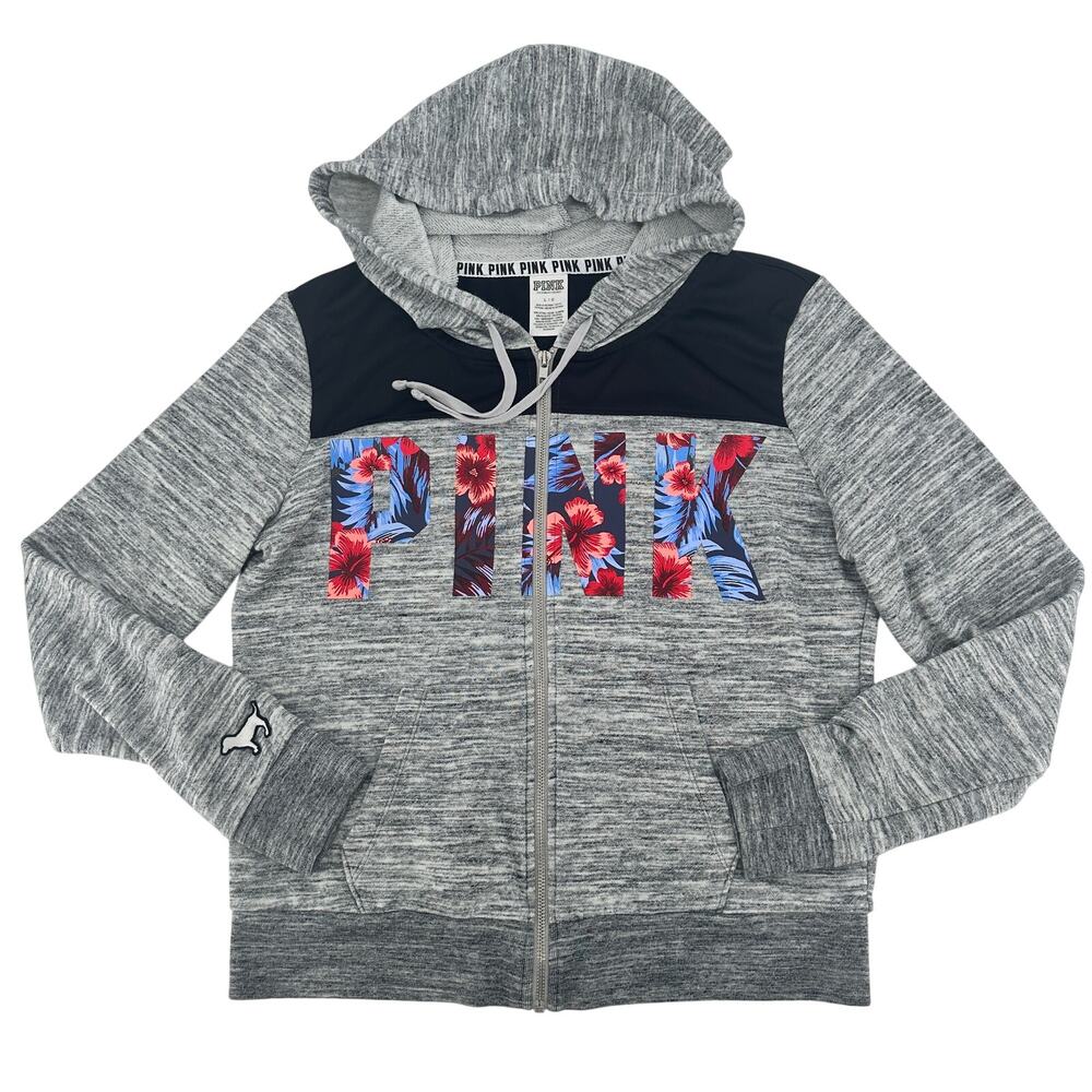 PINK by Victorias Secret Womens Hooded Jacket Size LARGE Tropical Floral Preppy - Picture 1 of 9